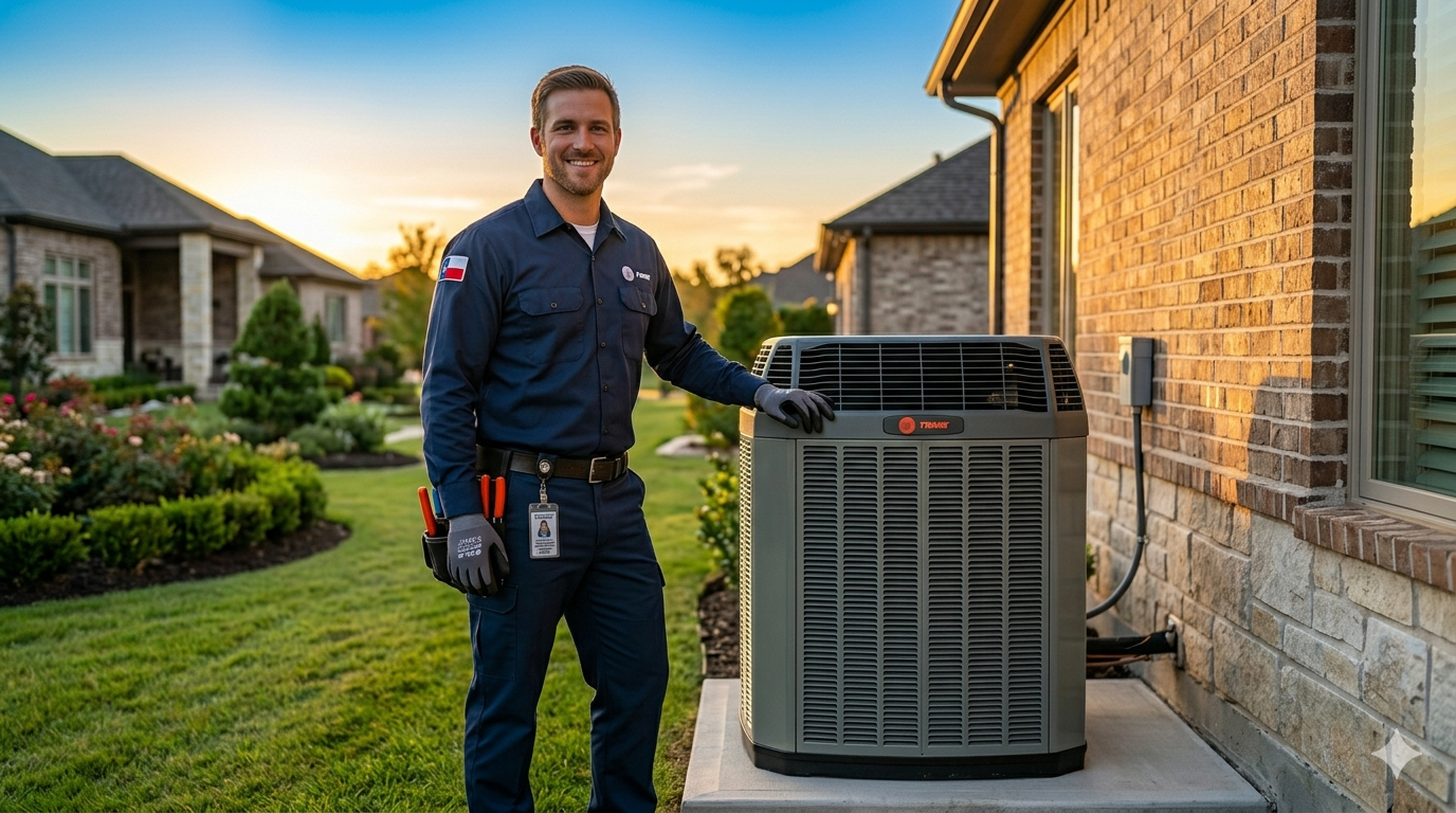 HVAC technician working on rooftop unit in Dallas Texas